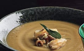 Onion Soup with Sage Brown Butter, Croutons, and Grated Lemon Peel