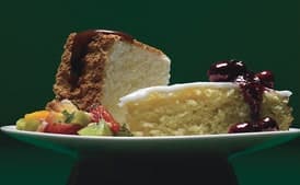 Orange Angel Food Cake with Caramel Sauce and Tropical-Fruit Compote