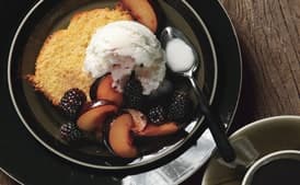Orange Polenta Cake with Vanilla-Scented Plums and Blackberries and Buttermilk Ice Cream