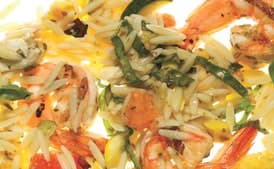 Orzo with Grilled Shrimp, Summer Vegetables, and Pesto Vinaigrette