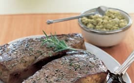Pan-Grilled New York Strip Steaks with Green Olive Tapenade