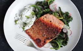Pan-Roasted Salmon with Collards and Radish Raita