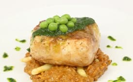 Pan-Seared Halibut with White Asparagus Risotto and Pea Purée