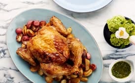 Paprika-Roasted Chicken, Potatoes, and Radishes With Salsa Verde