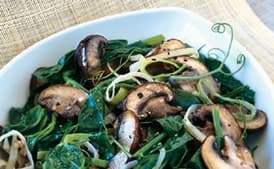 Pea Tendrils with Crimini Mushrooms and Leeks