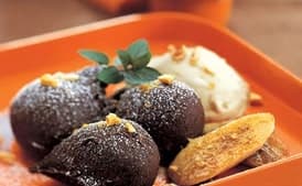 Peanut Butter Beignets with Caramelized Bananas and Bitter Caramel Ice Cream