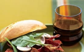 Pepper-Crusted Beef, Bacon, and Arugula Sandwiches with Spicy Mustard