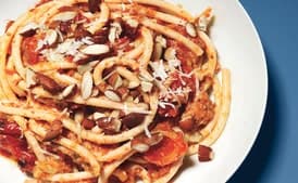 Perciatelli with Roasted Tomato and Almond Pesto