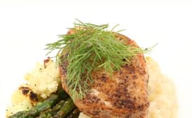 Pheasant with Risotto, Grilled Asparagus, and Roasted Cauliflower