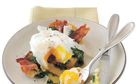 Poached Egg Crostone with Wilted Spinach and Bacon