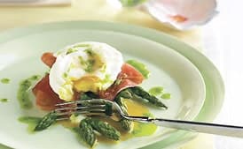 Poached Eggs with Roasted Asparagus, Prosciutto, and Chive Oil