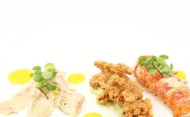 Poached Lobster Tails, and Fried Oyster with Mango and Avocado Purée