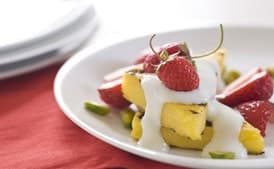 Polenta Cake with Orange Blossom Yogurt, Berries, and Pistachios
