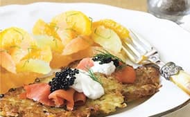Potato Latkes with Smoked Salmon, Caviar, and Tarragon Crème Fraîche