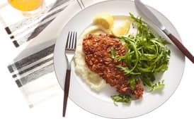 Pretzel-Crusted Chicken Cutlets with Cauliflower Purée and Arugula