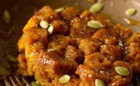 Pumpkin Bread Pudding with Spicy Caramel Apple Sauce