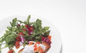 Radicchio and Arugula Salad with Roasted Pepper Dressing and Burrata Crostini