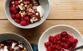 Raspberry Sundaes with Chocolate Sauce and Roasted Almonds