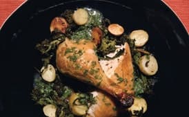 Roast Chicken with Broccoli Rabe, Fingerling Potatoes, and Garlic-Parsley Jus
