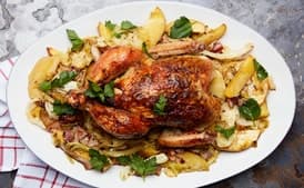 Roast Chicken with Smothered Cabbage, Bacon, and Potatoes