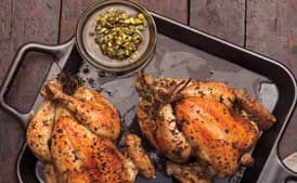 Roast Chickens with Pistachio Salsa, Peppers, and Corn