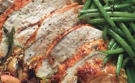 Roast Turkey Breast with Potatoes, Green Beans, and Mustard Pan Sauce