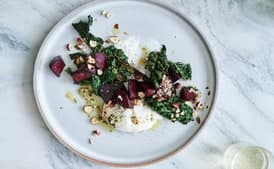 Roasted and Marinated Beets with Burrata, Charred Kale, and Hazelnut Vinaigrette