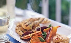 Roasted Beets and Carrots with Cumin Vinaigrette, Chickpea Purée, and Flatbread