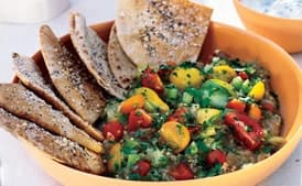 Roasted Eggplant Salad with Pita Chips and Yogurt Sauce