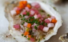 Roasted Oysters with Pickled Radishes, Carrots and Celery Root