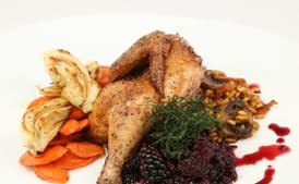 Roasted Poultry, Wild Boar Bacon, and Mushroom Farro with Pan-Roasted Fennel and Carrots