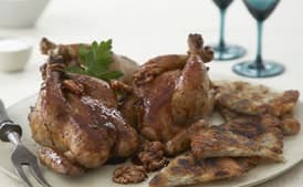 Roasted Poussins with Pomegranate Sauce and Potato Rösti