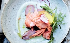 Roasted Salmon with Potatoes and Herbed Crème Fraîche
