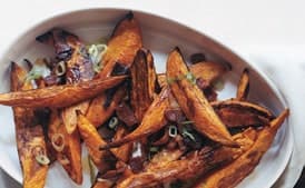 Roasted Sweet-Potato Spears with Bacon Vinaigrette