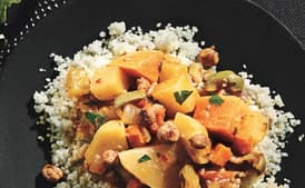 Root Vegetable Tagine with Sweet Potatoes, Carrots, Turnips, and Spice-Roasted Chickpeas