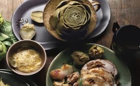 Rosemary and Mustard Pork Loin with Baby Artichokes, Shallots, and Vermouth Jus