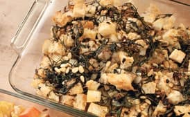 Rustic Bread Stuffing with Red Mustard Greens, Currants, and Pine Nuts