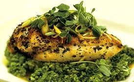 Saffron Chicken Breasts with English Pea Purée, Pea Shoots, and Mint
