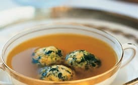 Saffron Chicken Broth with Spinach Matzo Balls