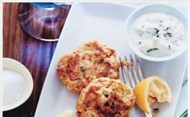 Salmon and Whitefish Cakes with Horseradish Cucumber Sauce