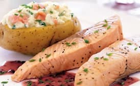 Salmon with Beurre Rouge and Smoked-Salmon-Stuffed Baked Potato