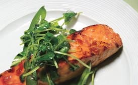 Salmon with Sweet Chili Glaze, Sugar Snap Peas, and Pea Tendrils