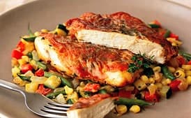 Sauteed Chicken Breasts with Country Ham and Summer Succotash