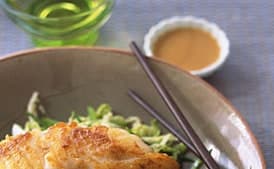Sauteed Cod on Snow Peas and Cabbage with Miso Sesame Vinaigrette