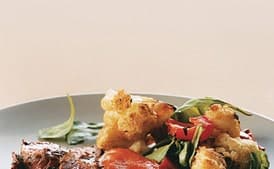 Sauteed Flank Steak with Arugula and Roasted Cauliflower and Red Peppers