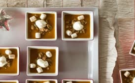 Savory Pumpkin Pie Soup with Cinnamon Marshmallows, Pepita Streusel, and Whipped Crème Fraîche