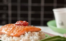 Scottish Salmon with Shallot-Truffle Honey Glaze, Lump Crab and Green Apple Risotto, and Quince Jam