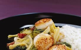 Sea Scallops with Ham-Braised Cabbage and Kale