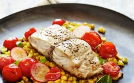 Seared Bluefish with Charred Corn, Warm Tomato Salad