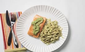Seared Salmon with Linguine and Ramp Pesto